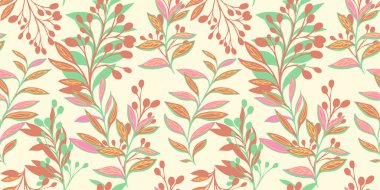 Colorful seamless pattern with abstract, creative, leaves, branches, stem. Vector hand drawn. Stylized tropical botanical print. Design for fashion, fabric