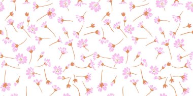 Nazikçe zarif, beyaz bir arka planda basit, pürüzsüz bir desen. Vektör el çizimi. Yaratıcı minik yabani çiçekler. Moda, kumaş ve tekstil için tasarım.