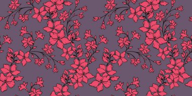 Parlak soyut dallar, çiçekler ve tomurcuklar pürüzsüz desenler bırakır. Zarif sanatsal vahşi çiçek geçmişi. Vektör el çizimi. Moda, kumaş, duvar kağıdı için tasarım