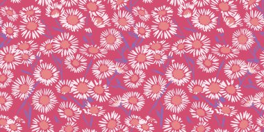 Retro vibrant seamless pattern with chamomiles floral. Vector hand drawn sketch. Blooming meadow background with textured shape ditsy flowers. Design for fashion, fabric, and textile.