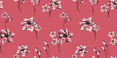 Abstract stylized silhouettes flowers seamless pattern. Vector hand drawing sketch. Artistic brush floral on a red background. Simple ditsy printing. Design for fabric, fashion, and textile