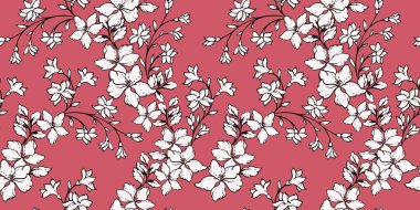 Soyut sanatsal dallar, birbirine sarılı, dikişsiz bir desen içinde çiçek açar. Vektör el çizildi. Çiçek açan bahar ya da yaz otlağı bordo desenli. Tasarım, tekstil, kumaş, duvar kağıdı, moda için şablon
