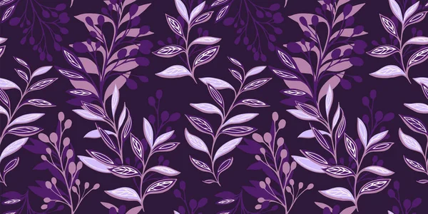 Soyut yaprakları, dalları, yaprakları ve gövdesi olan modaya uygun mor, pürüzsüz bir desen. Yaratıcı stilize menekşe tropikal çiçek arkaplanı. Vektör el çizildi. Moda, kumaş, baskı için tasarım.