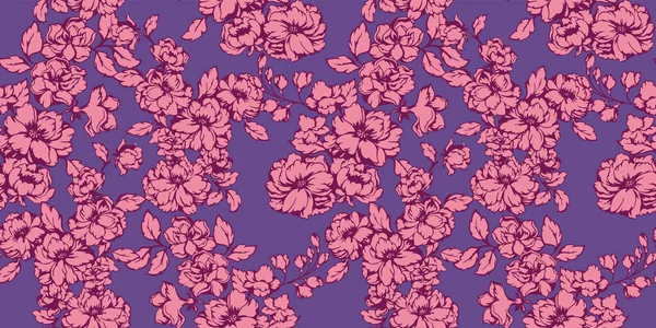 Elegance stylized bloom branches flowers seamless pattern. Vector hand drawn. Art graphics floral on a purple background. Design for fashion, fabric, wallpaper.