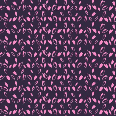 Koyu siyah arka planda pembe çizgili çizgileri olan, modaya uygun, pürüzsüz bir model. Basit yazıcı dokusu, damlalar, benekler, benekler. Vektör el çizimi. Moda ve yüzey tasarımı için tasarım