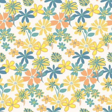 Basit şekilli organik çiçekli, sarı, pürüzsüz bir desen. Vektör el çizimi karalama. Özgürlük çiçekleri olan soyut bir yaz geçmişi. Baskı, moda, tekstil, kumaş, duvar kağıdı için tasarım