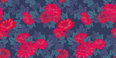 Sanatsal soyut çiçekler ve pürüzsüz desenler. Vektör el çizildi. Koyu mavi arka planda çiçek açan kırmızı çiçek ve yaprak. Biçimlendirilmiş botanik çizim baskısı. Moda, tekstil, kumaş, duvar kağıdı için tasarım