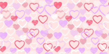 Vektör elli kusursuz pastel desenli taslak şekilli kalpler. Yaratıcı, soyut doku, kalp siluetleri ile yazdır. Valentine, aşk geçmişi. Tekstil, moda, yüzey tasarımı