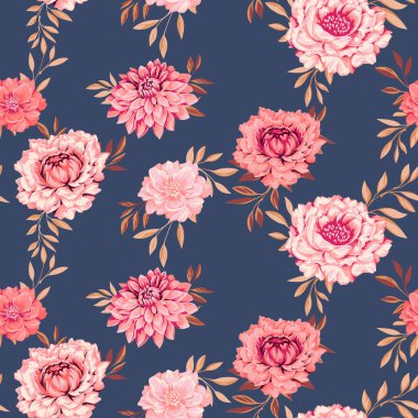 Kusursuz sanatsal şakayık çiçekleri, dalları yapraklı yıldız çiçekleri. Vektör el çizildi. Turkuazın üzerinde turuncu renkli güzel bir duvar halısı. Tekstil ve moda şablonu