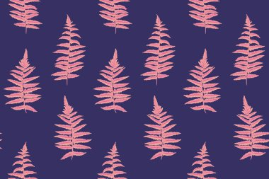 Pembe, pürüzsüz yapraklar koyu mavi arka planda eğrelti otu deseni. Vektör el çizimi. Basit bir botanik yaprak baskısı. Tasarım, kumaş, iç dekorasyon, tekstil için şablon