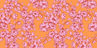 Sanatsal soyut çiçek desenleri kusursuz bir şekilde birbirine dolanmış. Dokulu çayır duvar halısı. Vektör el çizildi. Sarı arka planda parlak pembe şekilli siluetler. Tasarım şablonu