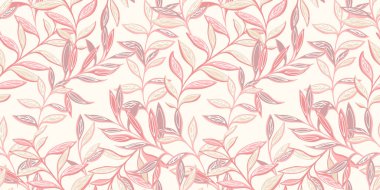 Soyut, stilize edilmiş geniş yapraklar birbirine sarılı, pürüzsüz bir desen. Modern, monoton pembe, bej çiçekli arka plan. Vektör el çizildi. Tekstil, moda, baskı, yüzey tasarımı için şablon