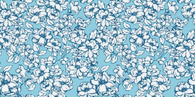 Vektör soyut, sanatsal desenli çiçek deseni çizmiş. Şekillendirilmiş mavi çiçek deseni. Çiçek açan bahar ya da yaz otlağı pürüzsüz arka plan. Tasarım, tekstil, moda şablonu