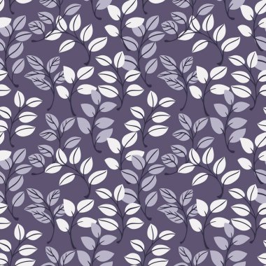 Monoton koyu gri küçük yaprak, dikişsiz bir desen oluşturur. Yaratıcı basit dallar arka planda kalır. Vektör el çizimi. Tasarım, kumaş, moda, duvar kağıdı, tekstil için şablon