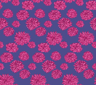 Şekillendirilmiş parlak pembe çiçeksiz desen. Mavi arka planda sanatsal çiçek desenleri. Vektör el çizimi illüstrasyon. Gelişigüzel basılmış botanik motifleri. Kumaş, moda, tekstil, kolaj için tasarım