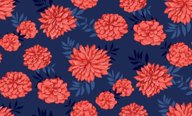 Renkli turuncu şekilli çiçek desenli şakayıklar mavi arka planda. Soyut sanatsal bir çiçek deseni. Vektör el çizimi illüstrasyon. Moda, kumaş ve tekstil için tasarım