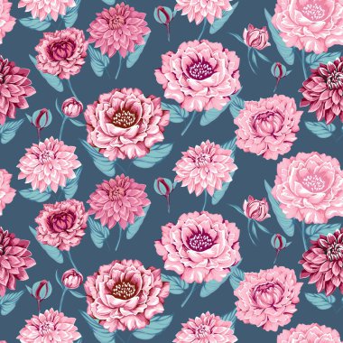 Şekillendirilmiş çiçek desenleri, yıldız çiçekleri, yapraklı tomurcuklar. Soyut, turkuaz arka planda sanatsal bir çiçek. Vektör çizimi. Kumaş, moda, baskı için tasarım