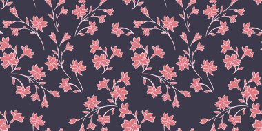Kusursuz, yumuşak, yabani çiçek sapları deseni. Vektör el çizimi. Soyut sanatsal basit dallar koyu arkaplanda çiçek siluetleri. Tekstil, moda, baskı şablonu