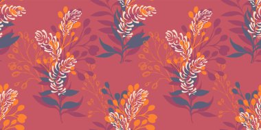 Renkli, dikişsiz desenli, yapraklı ve benekli buketler. Vektör el çizimi illüstrasyon. Turuncu arka planda basılan basit yaratıcı çiçek sapları.