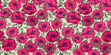 Zarif çiçekler açar ve ince ince yapraklar pürüzsüz bir desen oluşturur. Parlak kırmızı pembe soyut sanatsal çiçek arkaplanı. Vektör çizimi, Ranunculus Asiaticus Trollius 'u biçimlendirdi. Şablon için tasarım