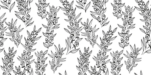 Stylized Abstract Simple Branches Flowers Buds Leaves Seamless Pattern Black — Stock Vector