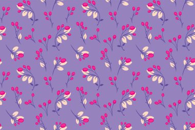 Mor, pürüzsüz desen. Yaratıcı, soyut, yapraklı, dutlu, damlalı küçük dallar. Şirin dekoratif, çiçekli puantiyeli puantiyeler. Vektör el çizimi illüstrasyon. Tasarım şablonu