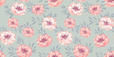 Tarzlanmış çiçekleri olan soyut sanatsal kusursuz desen Ranunculus, Trollius Asiaticus, Globe çiçeği. Vektör el çizimi illüstrasyon. Yeşil arka planda yaprakları olan çiçekler açarlar..