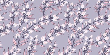 Pastel çiçeğinin kökü pürüzsüz. Yaprakları olan soyut yaratıcı dallar, açık gri arka planda çiçek tomurcukları. Biçimlendirilmiş çayır baskısı. Vektör el çizimi resimleme. 