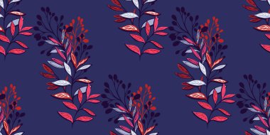 Koyu mavi arka planda yaratıcı buketlerin dalları olan kusursuz desenler. Vektör el çizildi. Soyut stilize botanik baskı. Tasarım, tekstil, moda, kumaş şablonu