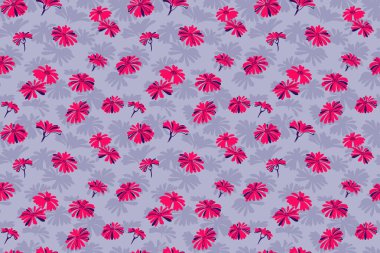 Şekilli, sade kırmızı çayır çiçekli, dikişsiz desenli. Vektör el, mavi arka planda modaya uygun, soyut, dandik çiçekler çizdi. Tasarım, baskı, tekstil, kumaş şablonu