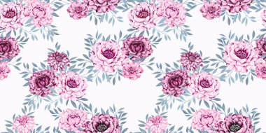 Sanatsal soyut çiçekler açar ve beyaz arkaplanda desenler bırakır. Vektör el çizimi illüstrasyon. Nazikçe pembe şekillendirilmiş şakayıklar, yeşil yapraklı yıldız çiçekleri. Tasarım şablonu