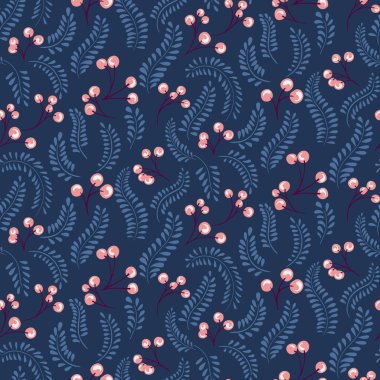 Monoton koyu mavi soyut, basit, pürüzsüz desen. Yaratıcı, şekilli böğürtlenleri şekillendirmiş, arka planda benekler bırakmış. Vektör el çizimi. Tasarım, baskı, moda için şablon