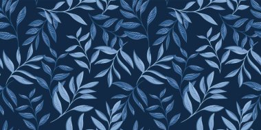 Soyut sanatsal dallar birbirine sarılı, kusursuz bir desen. Monoton mavi bahçe yaprağı arka plandadır. Vektör el çizimi illüstrasyon. Tasarım, baskı, tekstil, moda için şablon