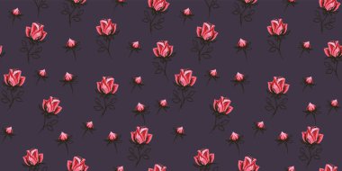 Kusursuz desenli, yaratıcı çiçek desenli güller, küçük gül goncaları, koyu arkaplanda tomurcuklar. Vektör el çizimi. Soyut, şirin çiçek desenleri. Tasarım, kolaj, baskı için şablon.