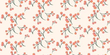 Şekilleri böğürtlen noktalarının olduğu soyut küçük dallar, ışık arkaplanına dikişsiz desenler bırakıyor. Stilize edilmiş ardıç, boxwood, viburum, böğürtlen desenli. Vektör el çizimi çizimi.