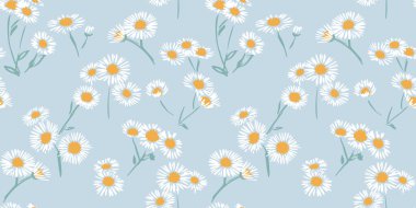 Kusursuz soyut dallar mavi arka planda papatya papatyası desenli beyaz çiçekler. Şirin minik şekiller, küçük çiçekli desenler. Vektör el çizimi. Tasarımlar için kolaj, yazdırma