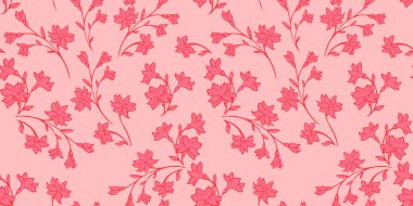 Silueti, dalları, çiçekleri ve tomurcukları olan kusursuz şekillerde birleştirin. Aydınlık bir arkaplanda desenli, soyut kırmızı küçük çiçek sapları. Vektör el çizimi. Tasarımlar için kolaj, yazdırma