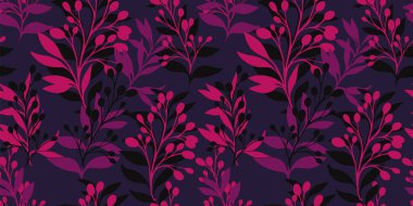 Yaprakları ve dalları olan sanatsal, soyut, pürüzsüz desenler. Vektör eli çizilmiş siluet hatları. Kolaj monoton koyu tropikal botanik bordo arka plan. Tasarım şablonu, desenli