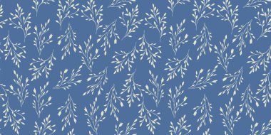 Çift renkli siluet soyut küçük saplar mavi bir arka planda dikişsiz desen. Vektör el çizimi. Basit kolaj nazikçe düz dallar yazdırma. Tasarım şablonu, desenli