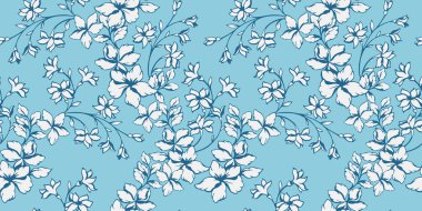 Nazikçe dallanan yabani çiçekler, küçük yapraklar, tomurcuksuz desenler. Soyut biçimlendirilmiş çiçek sapları desenli. Vektör el çizimi. Monoton mavi zarif çiçek açan çayır. Yazdırma şablonu