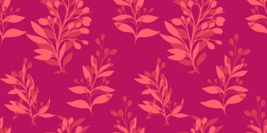 Soyut sanatsal şekillere sahip minimalist kusursuz desen dalları terk eder. Vektör el çizimi. Kolaj parlak pembe basit tropikal botanik arka plan. Tasarım şablonu, kumaş, desenli