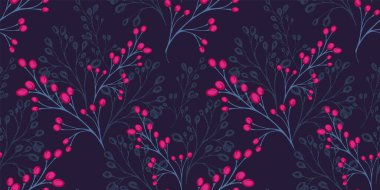 Şekilli dekoratif yaratıcı dalları olan koyu zarif, soyut, pürüzsüz desenler. Şekillendirilmiş böğürtlen damlaları, noktalar, noktalar. Vektör el çizildi. Tasarımlar için kolaj şablonu, desenli, yazdırma