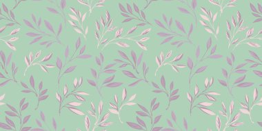 Nazikçe pastel, soyut, ince dallar pürüzsüz desen bırakır. Nane arkaplanına rastgele saçılmış basit bir yaprak motifi. Vektör el çizildi. Tasarım için kolaj şablonu, desenli