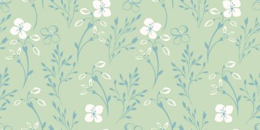 Pastel nane aromalı, dikişsiz, soyut şekilli minik dallar, küçük çiçekler, yapraklar. Vektör el çizimi. Basit yaratıcı şekil silueti, çiçek sapları bahar ya da yaz baskısı