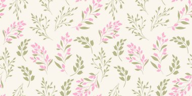 Yeşil küçük dallı, pastel desensiz yeşil yapraklar, pembe soyut çiçek tomurcukları. Vektör el çizimi. Basit yaratıcı şekil silueti, çiçek sapları bahar ya da yaz baskısı.