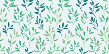Basit, soyut, dikişsiz yaprak dalları. Beyaz arka planda yeşil yapraklar. Vektör el çizildi. Tasarım, tekstil, yüzey tasarımı, kumaş şablonu