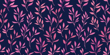Renkli, soyut, dikişsiz yapraklar koyu mavi bir arka planda. Vektör el çizildi. Basit, küçük yaprak baskısı. Tasarımlar için kolaj şablonu, tekstil