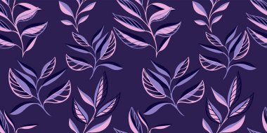 Modern menekşe minimalist kusursuz desen, soyut yaratıcı şekilli yapraklar. Yaprak dalları, dal dalları ve dal baskısı bırakır. Vektör el çizimi. Tasarımlar için kolaj, desenler, kumaş