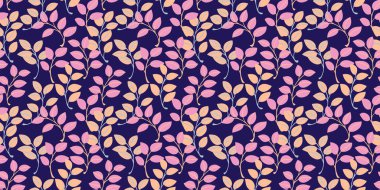 Canlı soyut dallar koyu mavi bir arka planda pürüzsüz bir iz bırakır. Yaratıcı minik yaprak desenleri var. Vektör el çizimi karalama. Yazdırma, tasarım, kumaş kolajı