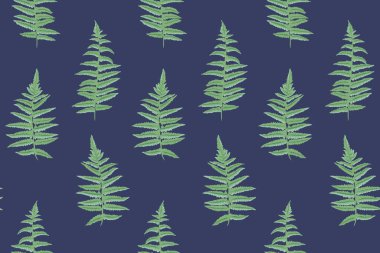 Asgari soyut, yeşil şekilli, dikişsiz desen gerçek mavi arka planda eğreltiotu dalları bırakır. Vektör el çizimi. Sanatsal yaprak saplı basit botanik baskı. Dizaynlar için kolaj, desenli,